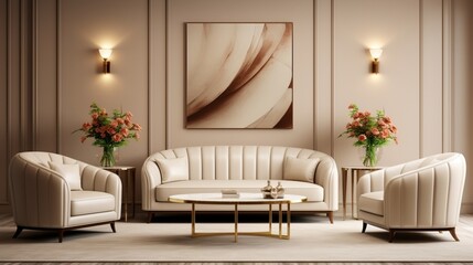 Timeless Elegance: Beige Classic Sofa and Armchair Adjacent to Brass Metal Paneling Wall in an Art Deco Style Modern Living Room