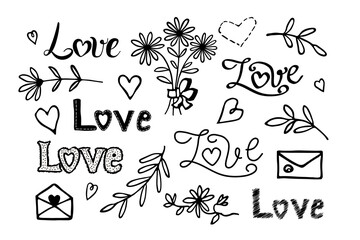 Doodle lettering Love set with hearts and abstract flowers.