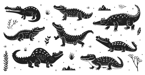 Fototapeten Cute crocodiles vector illustration. Wild animal alligator in style of hand drawn black doodle on white background. Crocodile silhouette © Pixel Pine