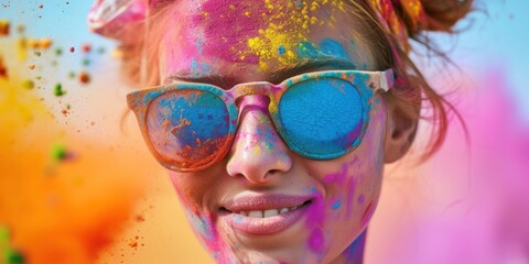 Face of a satisfied  woman in crumbly colored paints. Holi color festival banner with copy space