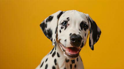 Dalmatian isolated on yellow background with copy space. Close up portrait of happy smiling dog face head looking at the camera. Banner for pet shop. Pet care and animals concept for poster, print ads