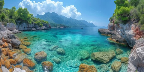Fototapeta na wymiar Tropical paradise: Azure waters, golden sands, and vibrant coral, creating an idyllic beach scene