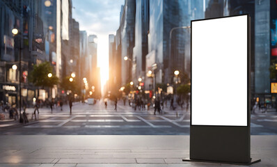 Advertising stand in a city street setting