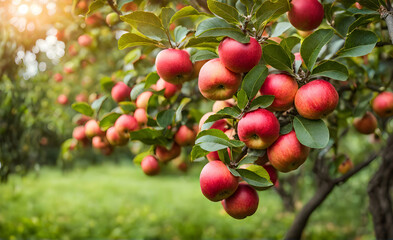 Obraz premium Ripe apple tree in foreground, soft-focus garden