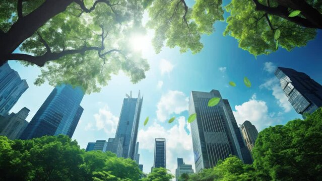 looping video view of skyscrapers from under a tree against the sky during the day