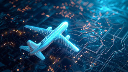 A 3D model of an airplane is shown, floating above a circuit board. The board has orange lights on...