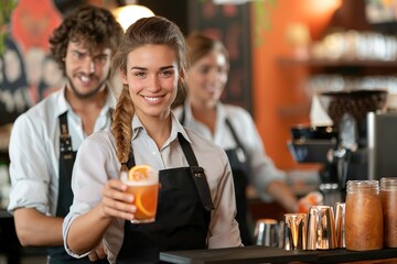 A waitresses woman confidently holds a glass of refreshing orange juice in her hand.
