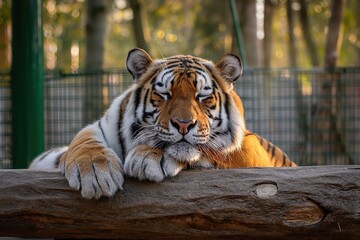 A tiger is seen laying on top of a sturdy wooden log, displaying its majestic presence in a natural setting.