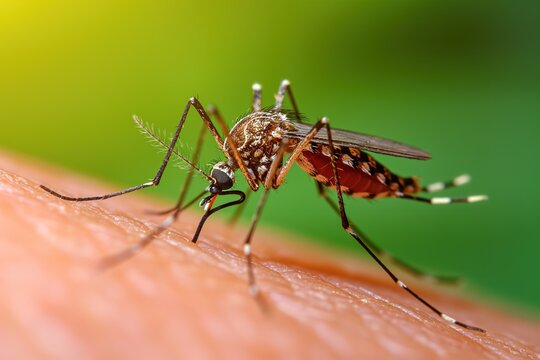 A detailed image capturing a mosquito up close as it rests on the arm of a human.