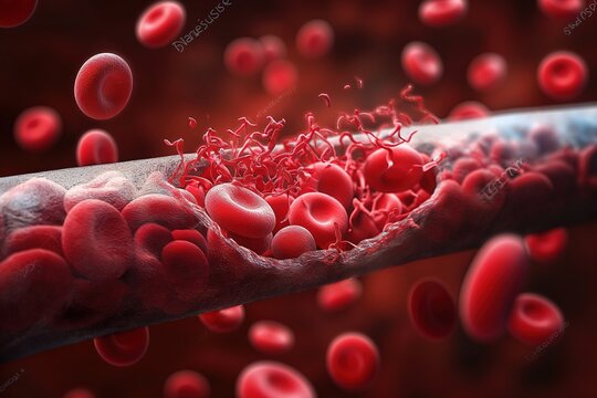 A detailed view of a blood vessel showcasing red blood cells circulating within it.