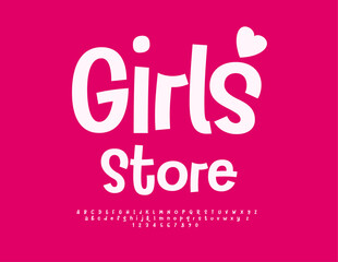 Vector trendy banner Girls Store with decorative Heart. Modern Font. Artistic Alphabet Letters and Numbers.