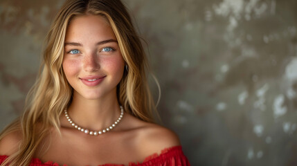 A young female model with long blonde hair and blue eyes, wearing a red dress and a pearl necklace, smiling at the camera in a studio setting. 