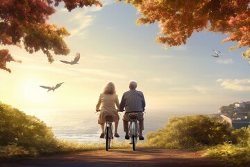 A happy elderly couple rides a bicycle to the seaside promenade. Active leisure.