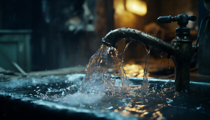 Recreation of rustic faucet expelling water	