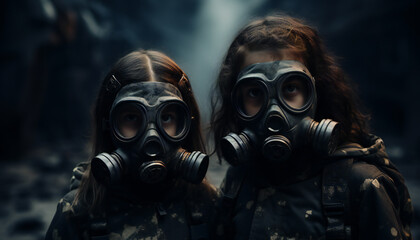 Recreation of two little girls with survival gas masks	 - obrazy, fototapety, plakaty