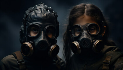 Recreation of boy and girl with survival gas masks