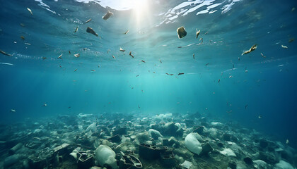 Fototapeta na wymiar Recreation of waste and garbage underwater in the sea