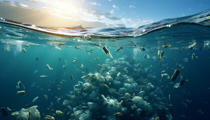 Recreation of plastic waste and garbage underwater in the sea - obrazy, fototapety, plakaty