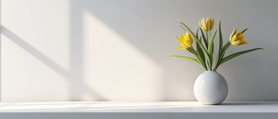 Vase and yellow tulip isolated on white table and white background with copy space, apartment or kitchen interior design