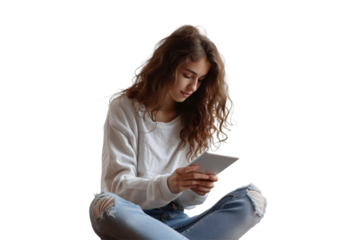 Woman with Digital Tablet: A PNG cutout featuring a stylish lady engaging with a tablet, complete with a realistic shadow for easy integration on transparent backgrounds.