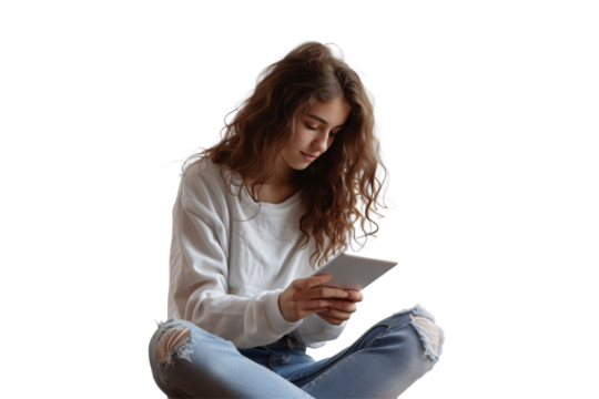 Woman with Digital Tablet: A PNG cutout featuring a stylish lady engaging with a tablet, complete with a realistic shadow for easy integration on transparent backgrounds.