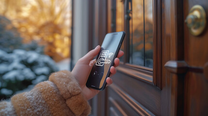Hand with phone opens front door, smart door lock concept, smart home remote room opening NFS - obrazy, fototapety, plakaty