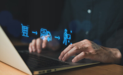 Business person point and manage online e-commerce business automation logistic supply chain in...