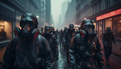 Recreation of people in a city street with with survival gas masks - obrazy, fototapety, plakaty