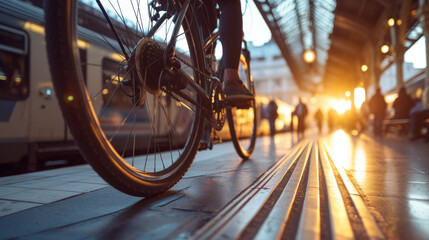 Driving bike on train station platform at sunset