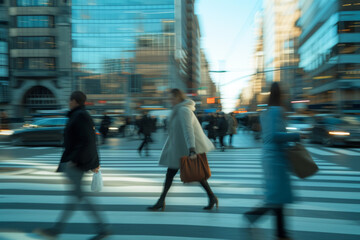 Urban street scene with pedestrians in blurry motion