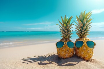 Hipster pineapples couple with sunglasses on a sandy at tropical beach. empty space, banner