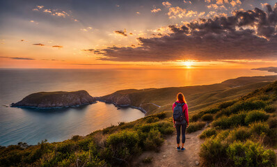 Fototapeta premium Girl with backpack standing atop a cliff overlooking a vast ocean captured