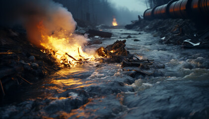 Recreation of fire in a contaminated stream together a industrial pipeline - obrazy, fototapety, plakaty