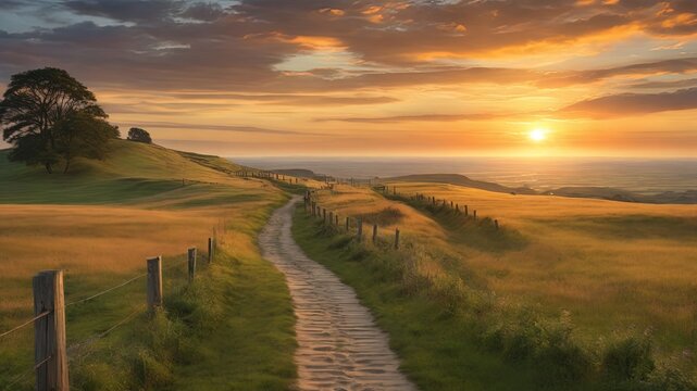 Golden hour sunset illuminates a serene path through rolling green hills. Ideal for tranquil nature themes, wall art, or backgrounds. High-quality landscape photo