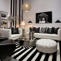 Sophisticated Monochrome: Black and White Striped Corner Sofa and Barrel Chairs � Hollywood Glam Style in Modern Living Room Interior Design
