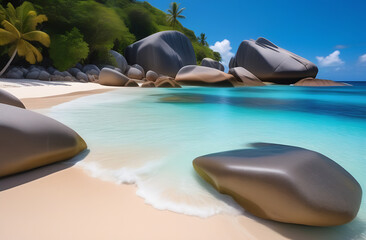 Obraz premium Large stones on the ocean shore, wild beach with palm trees and large stones.