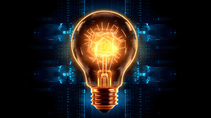 A bright idea illuminates the concept of innovation and creativity, symbolized by the glowing light bulb. This futuristic and modern design represents the energy of imagination and the potential for 