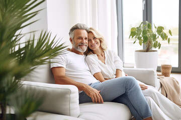 A mature, married couple embracing on a sofa in their contemporary apartment, radiating happiness.