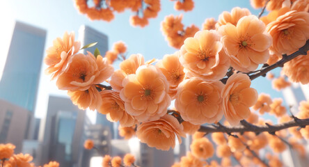 Ai generated image with blossoms in the city with skyscrapers on the background 