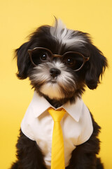 A curious and thoughtful mini breed dog in a suit, wearing sunglasses and posing playfully.