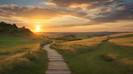 Golden hour sunset illuminates a serene path through rolling green hills. Ideal for tranquil nature themes, wall art, or backgrounds. High-quality landscape photo - obrazy, fototapety, plakaty