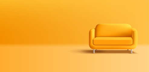 Yellow modern sofa 3D. on a yellow background. Banner for interior, office, home, waiting room, recreation. Vector