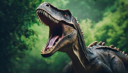 Obraz premium Big scary Dinosaur roaring in jungles, prehistoric plains. Ancient reptile with sharp teeth.