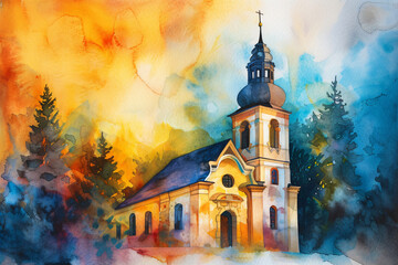 Church as a watercolor picture