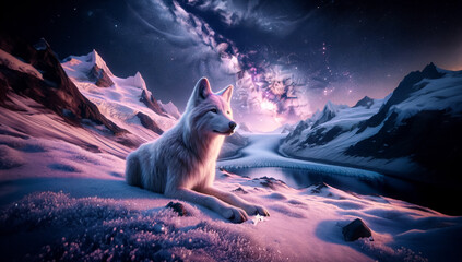Un loup dans la neige avec voile lactée
