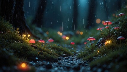 Enchanted forest pathway lined with glowing red mushrooms under a rainy ambiance, creating a whimsical and mystical woodland scene.