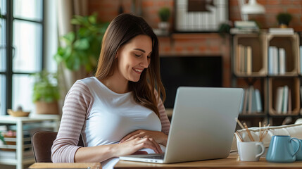 Pregnant young woman working at home on laptop