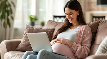 Pregnant young woman working at home on a computer