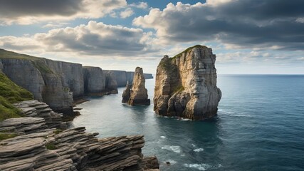 Sea cliffs with rocky formations, ideal for travel and nature themes. High-quality landscape...