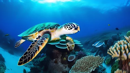 Deurstickers A large sea turtle swims among the corals, Large colored turtle, © Yury Fedyaev